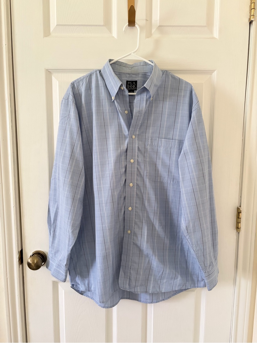 Jos. A. Bank Travellers Collection Light Blue Plaid Button-Down Dress Shirt